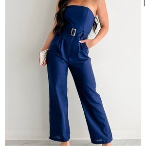 Monteau Navy Strapless Linen Jumpsuit with Belt